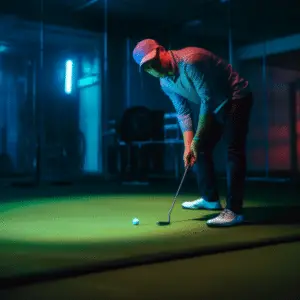 Man practicing putting in a golf simulator