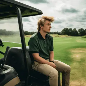 a man in a green shirt sitting on a golf cart