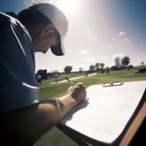 a man in a white hat marking a scorecard