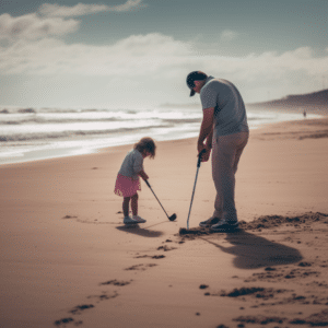 father and daughter playing golf on the beach