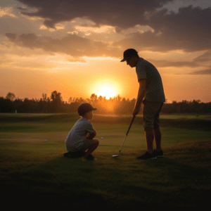 father teaching son how to play golf