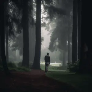 man playing golf standing on a foggy forest