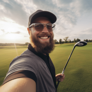 smiling man in a cap and sunglasses playing golf
