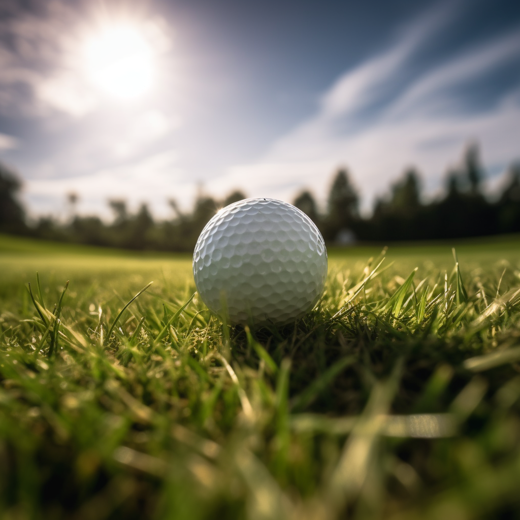 a close up view of a golf ball taken from a low angle