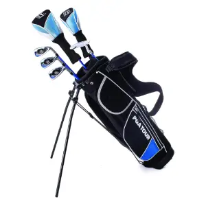 a set of junior sized golf clubs and a matching blue golf bag