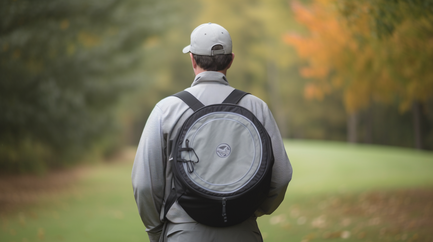 A male golfer standing and testing his new disc golf bag