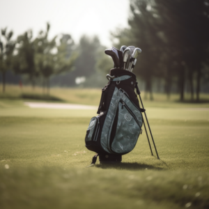 a grey golf bag on a course