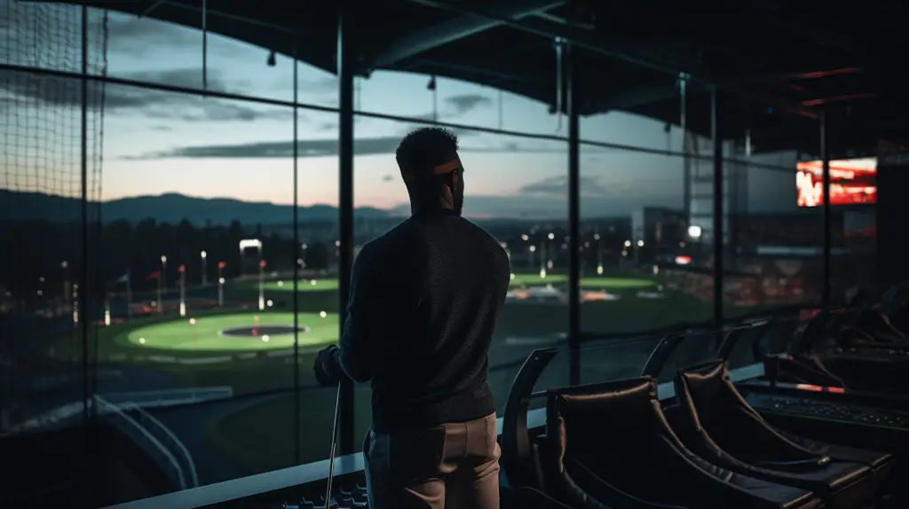 a man playing a topgolf at night