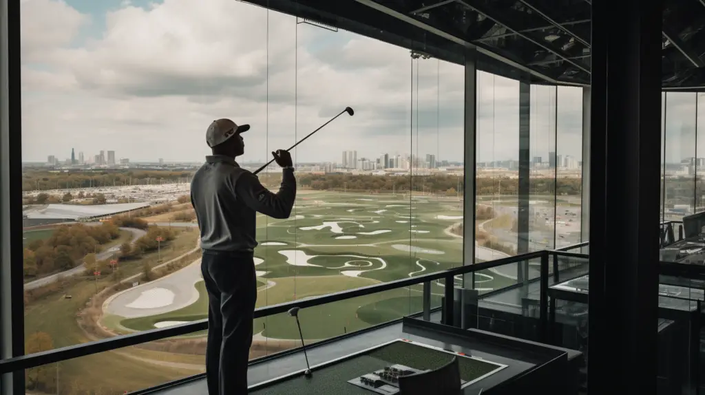 a man playing topgolf with a beautiful background