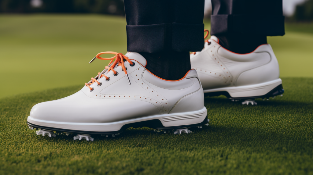 a man wearing golf shoes with a spike