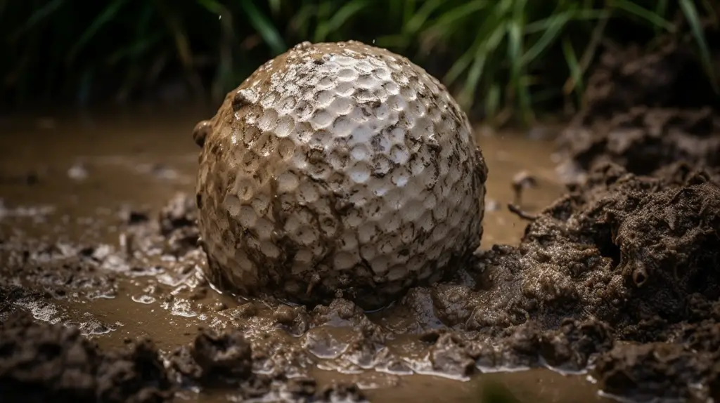 close up of golf ball in mud