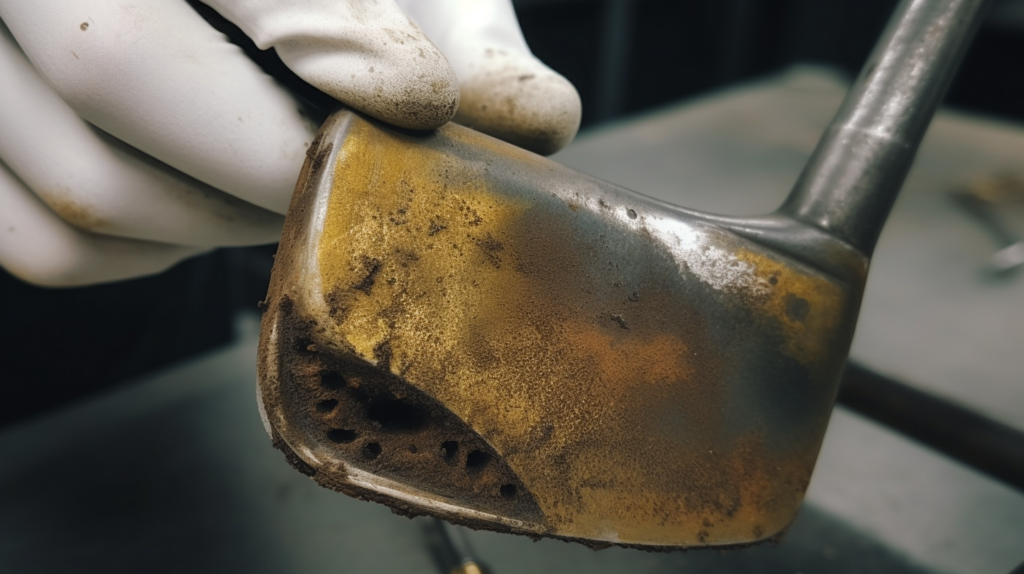 close up of golf club with rust