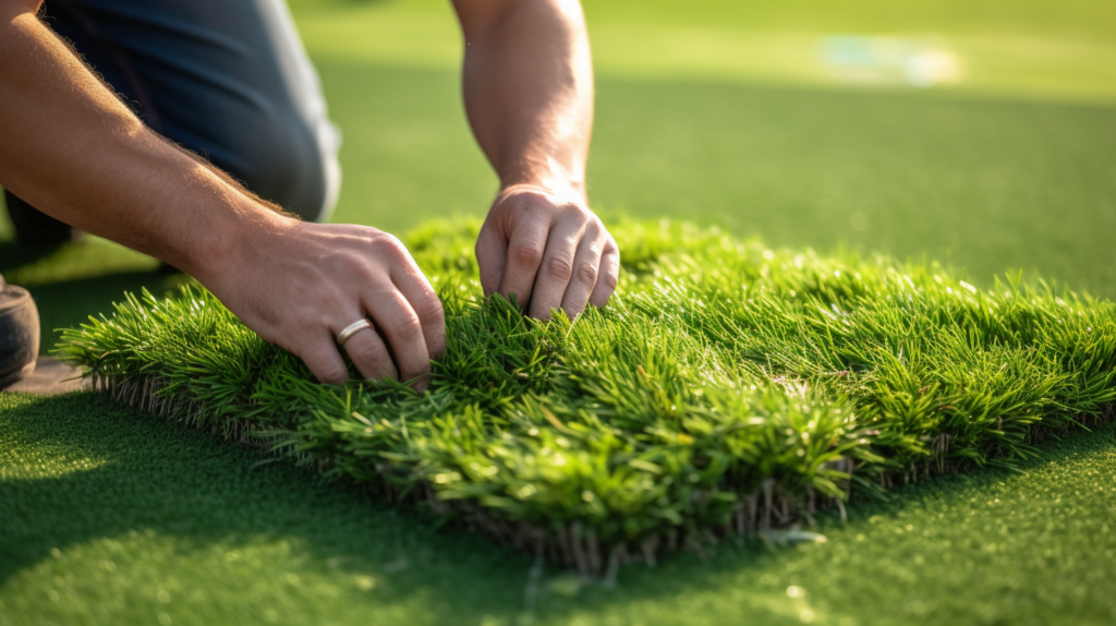 close up of man checking grass to build golf green