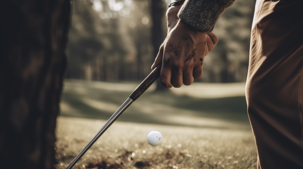close up of man holding golf club with left hand