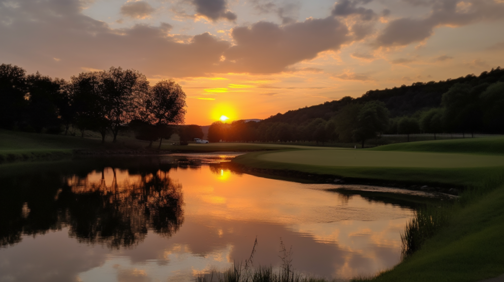 a beautiful sunset casts its glow over the river on the golf course