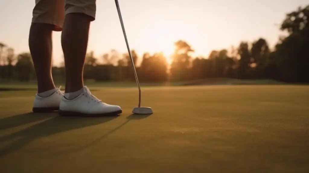 a close up of mans legs playing golf