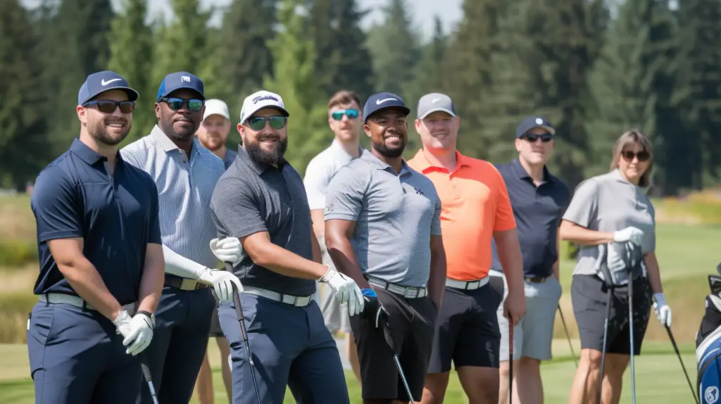 a group of people holding golf clubs