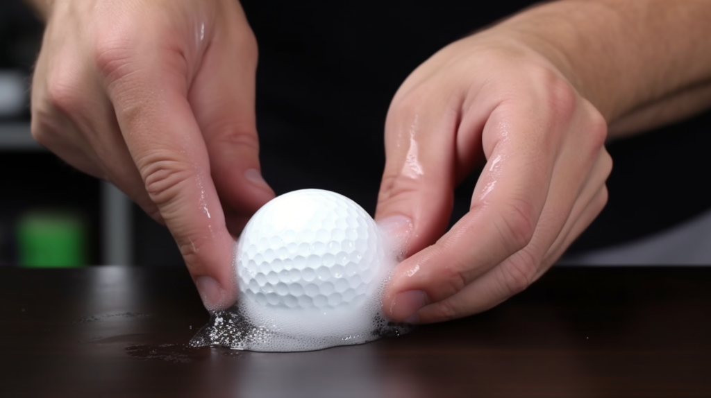 a man clean golf ball by washing with soap