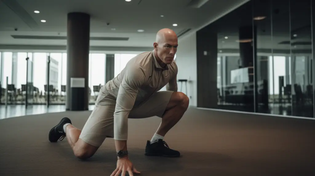 a man is engaging in a flexibility exercise to enhance his performance in golf