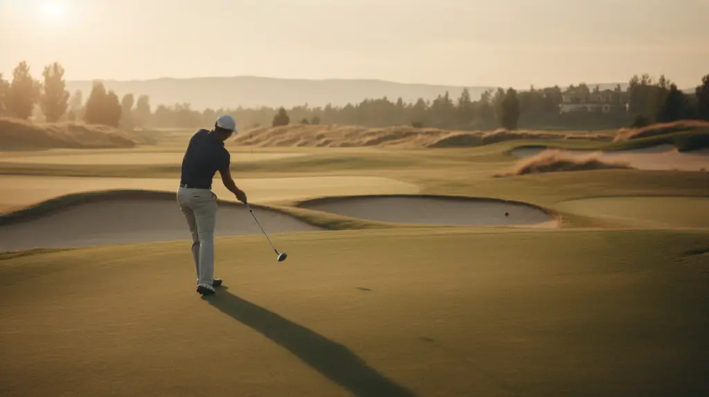 a man playing golf in a wide golf course