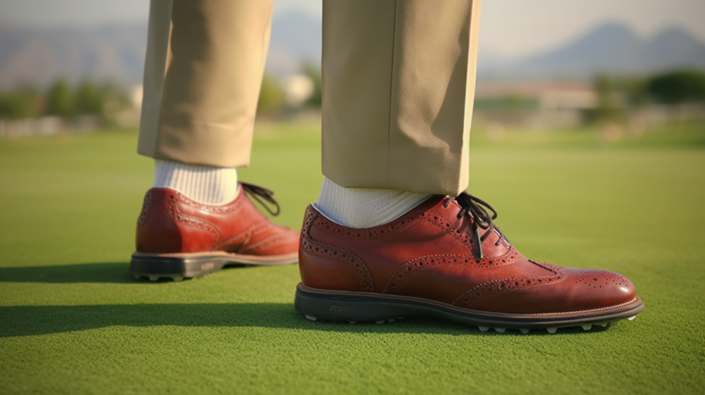 a man wearing leather golf shoes with small spikes