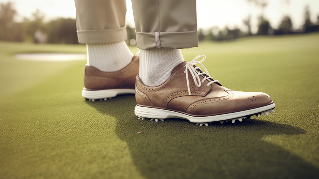 a man wearing leather golf shoes with spikes