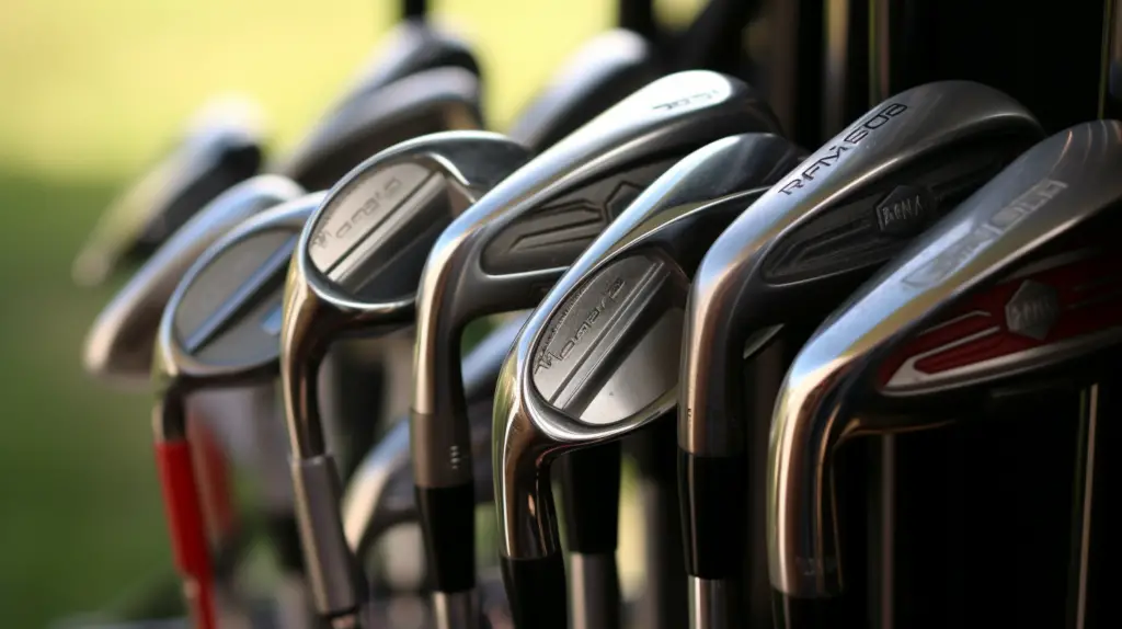 close up of different golf clubs with club markings