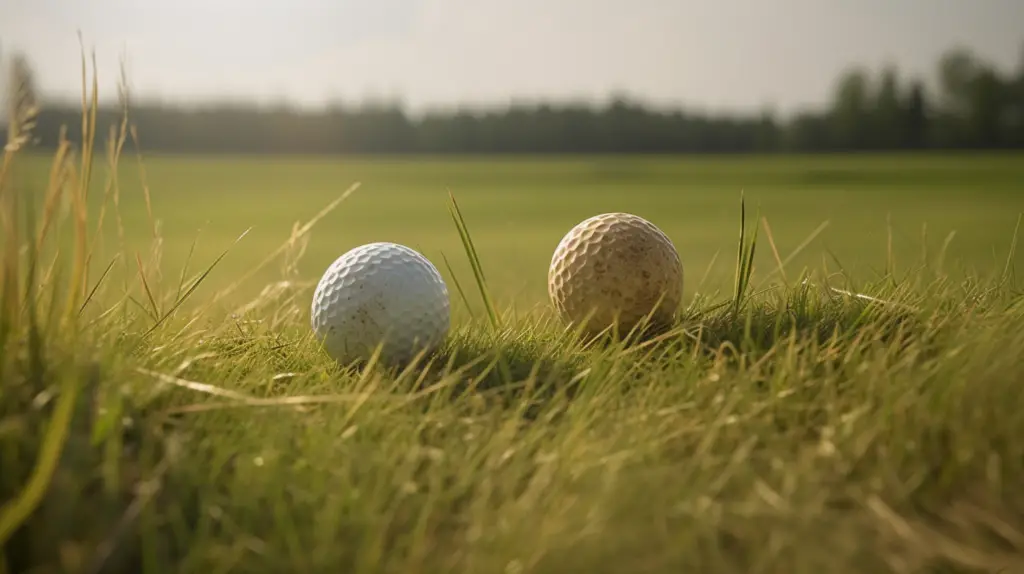 two dirty golf balls in grass
