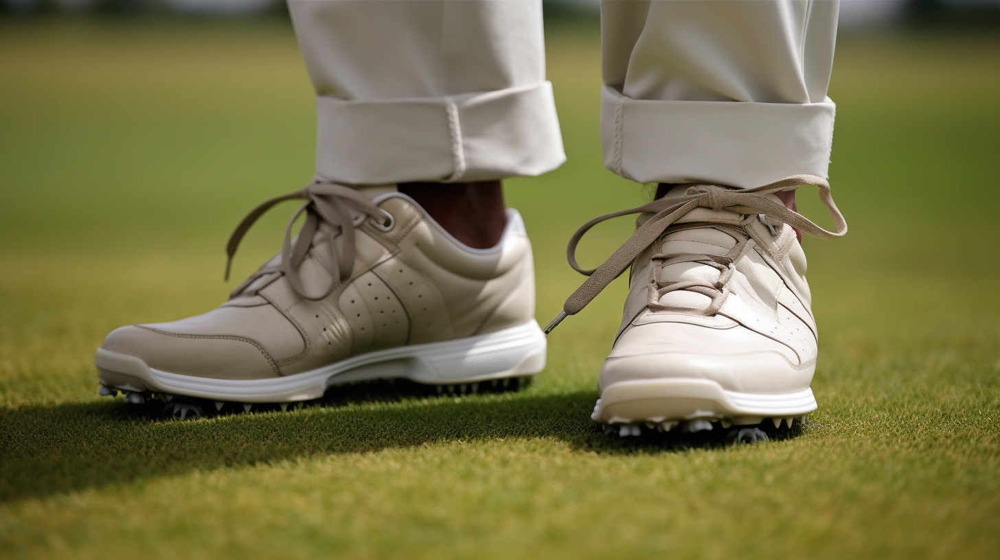 Close of a golfer wearing a pair of BOA golf shoes