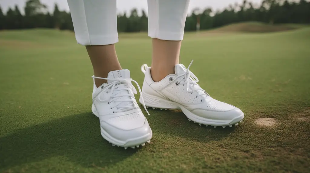 a golfer testing out women’s golf shoes on the course