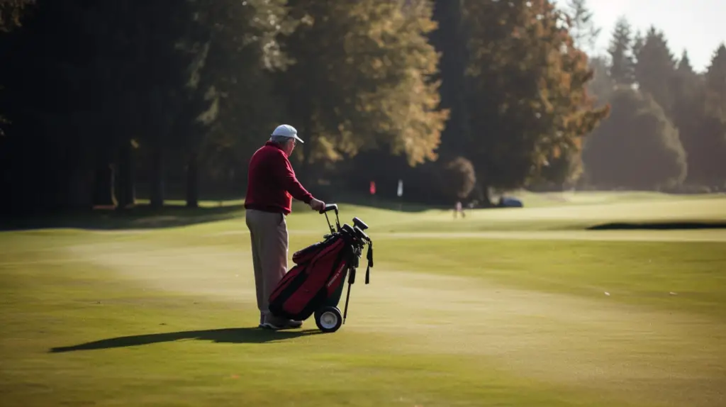 a man testing a golf push cart on the course