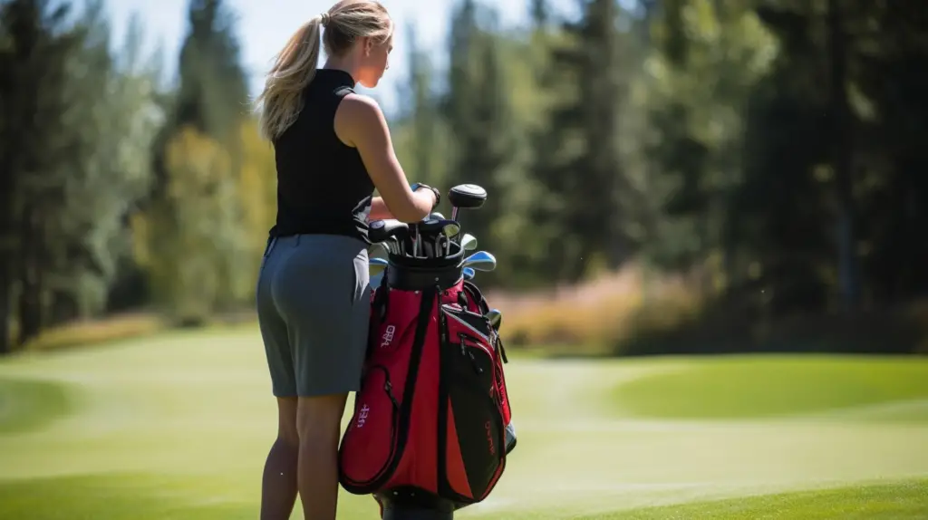 a woman testing a golf cart bag on the course