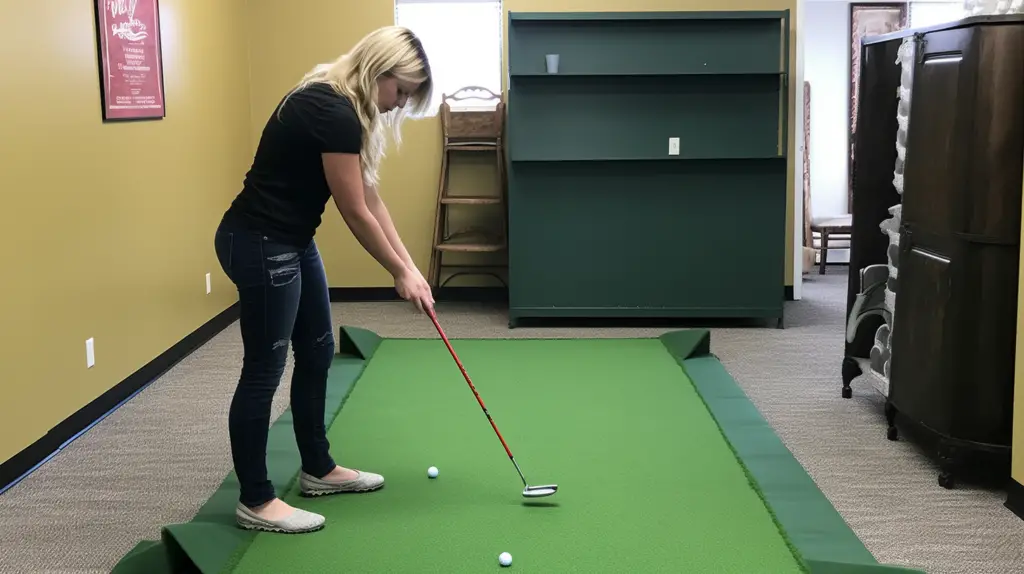 a woman testing a golf putting mat