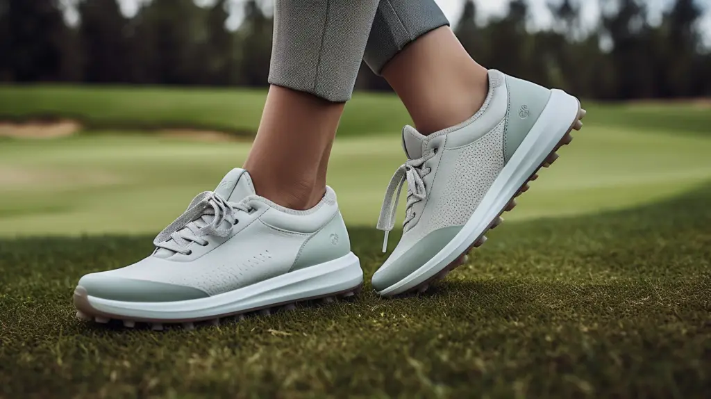 a woman testing new golf shoes for flat feet