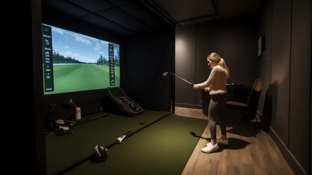 a lady testing a golf simulator for small space