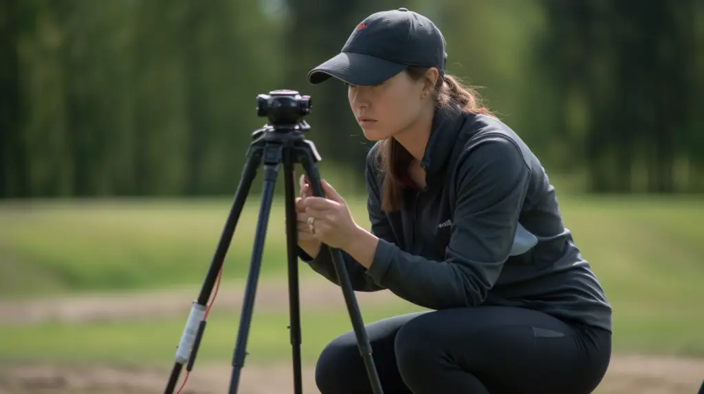 a lady testing a golf tripod on the course