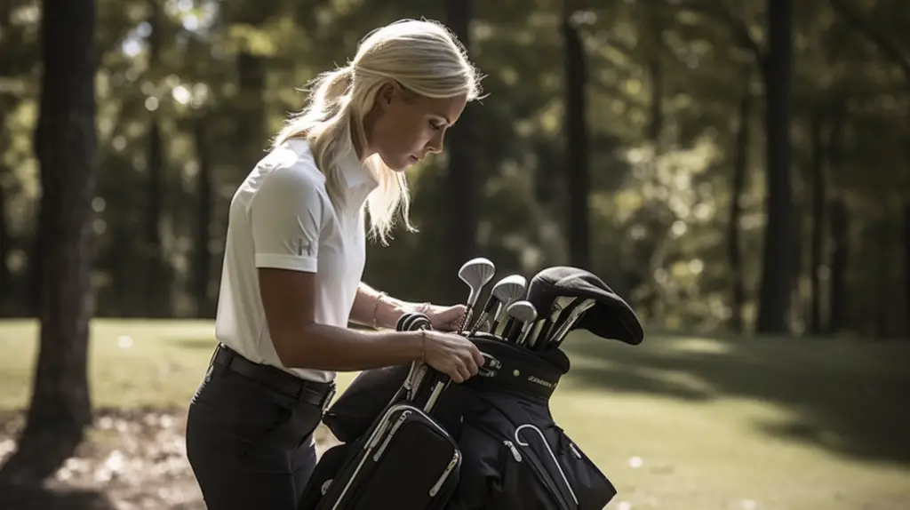 a lady testing out a luxury golf bag