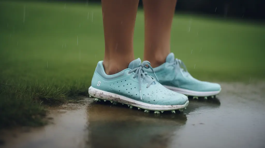 a lady testing out women's waterproof golf shoes