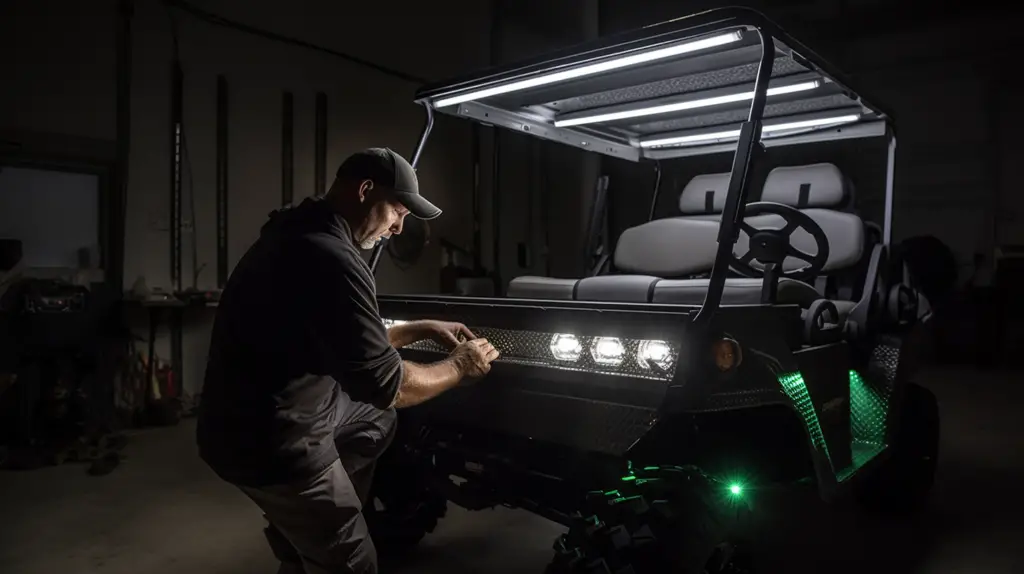 a man testing LED light kits for golf carts