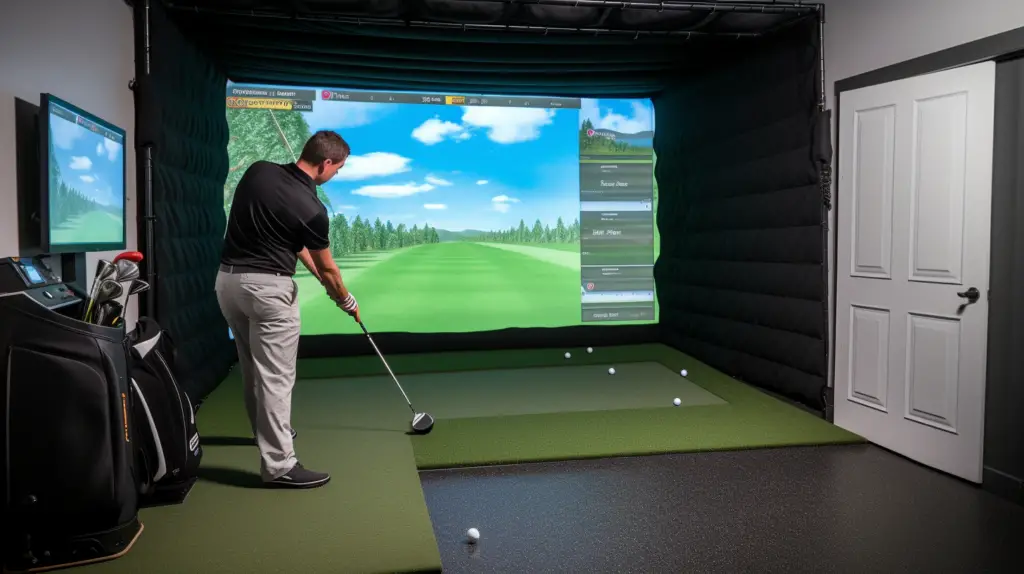 a man testing a garage golf simulator