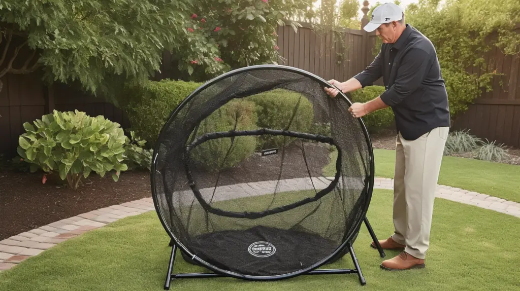 a man testing a golf chipping net in the backyard