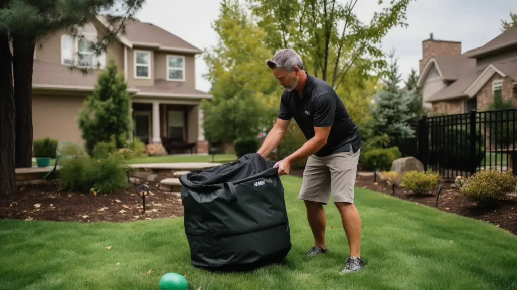 a man testing a golf impact bag in a backyard