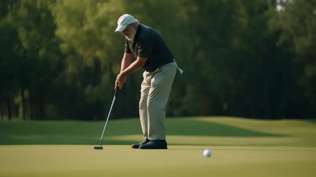 a old man testing a golf putter for seniors