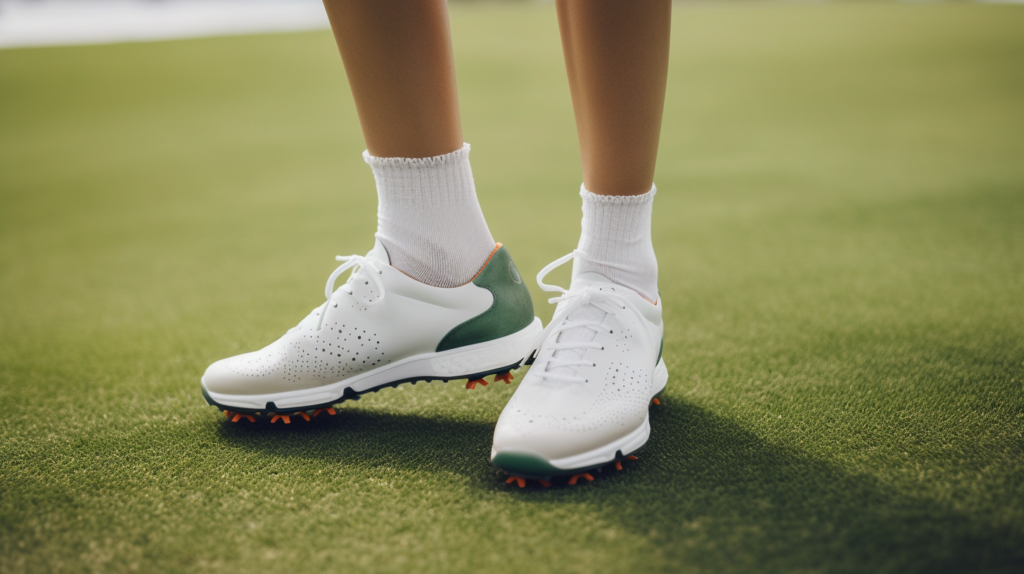 a woman testing out comfortable golf shoes